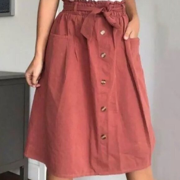 Sadie & Love Paperbag Skirt Elastic & Front Button Knee Length - Picture 1 of 5